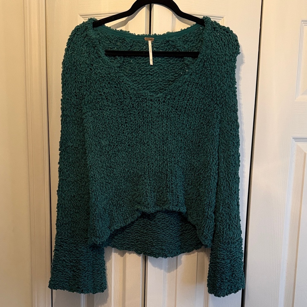Free People Teal Popcorn Knit V-Neck Sweater